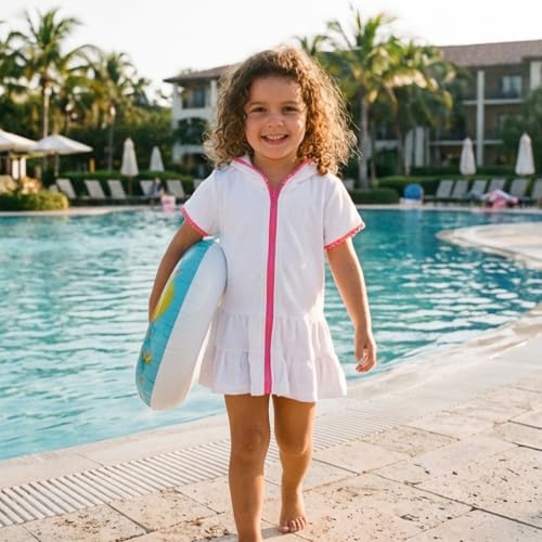 Toddler Girls Swim Cover Up with Hood and Zipper - White 1-2T
