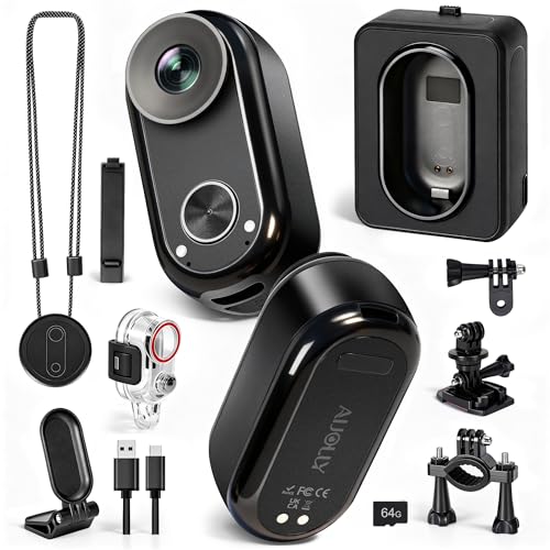 AIJOLLY 4K Mini Body Camera with 64GB Card, Wearable POV Cam, Waterproof, 6-8H Runtime, App GPS & AI Recognition