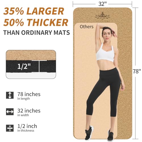 Hatha Yoga Extra Long 78x32 Inch Natural Cork & TPE Yoga Mat - Extra Thick, Non-Slip
