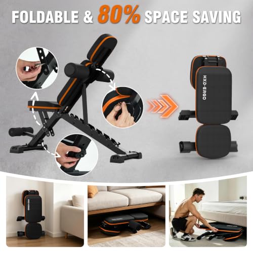 Adjustable Foldable Weight Bench for Home Gym - Incline & Flat, Black-Orange