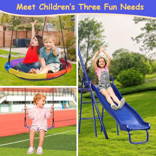 Blue Backyard Swing Set with Kids Slide and Saucer Swing - Heavy-Duty Metal Frame