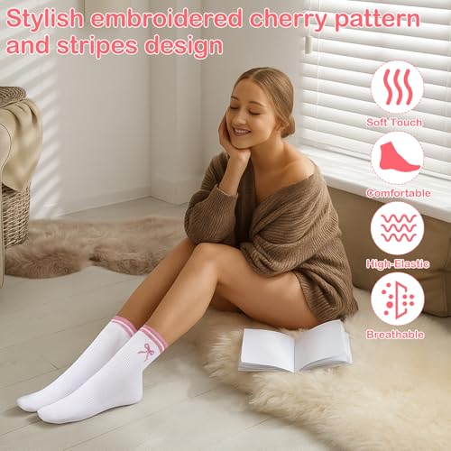 Cute Cherry Crew Socks for Women and Girls - 6 Pairs White Socks