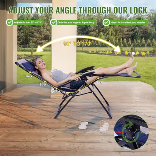 Cream/Navy Deluxe XL Padded Zero Gravity Recliner Chair with Side Tray - Outdoor Lounger