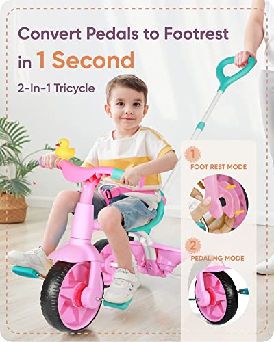KRIDDO 2-in-1 Toddler Tricycle with Push Handle and Pink Eva Wheel - Ages 1.5-3