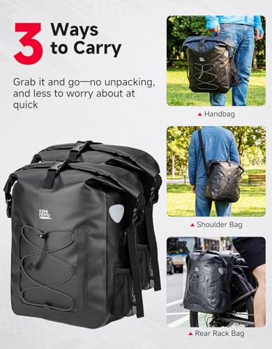 KEMIMOTO Waterproof Bike Pannier 2-Pack Black 60L with Laptop Sleeve for Cycling