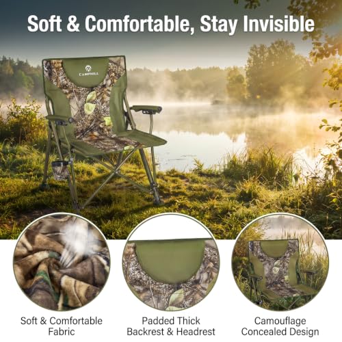 CAMPHILL Camo Heavy Duty Folding Camping Chair with Armrests & Headrest, Supports 450 lbs