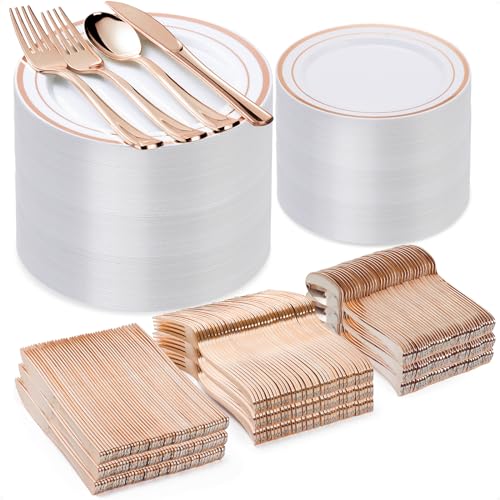 Rose Gold Plastic Dinnerware Set for 100 Guests - 600 Pieces
