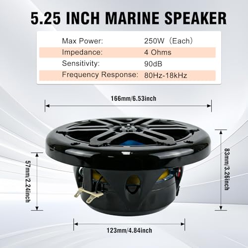 Marine Speakers 5.25 Inch 500W Waterproof Weather-Resistant Boat Speakers with LED Lights - Black Pair