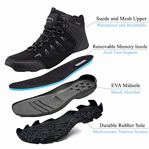 Men's Waterproof Hiking Boots Non-Slip Lightweight Ankle Boots - Black Grey, Size 11