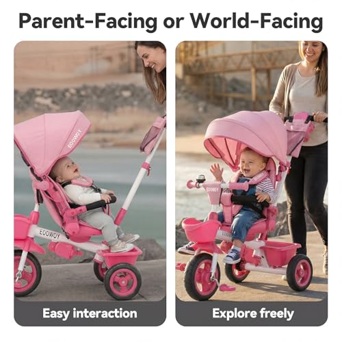 Pink 7-in-1 Toddler Tricycle with Swivel Seat & Push Handle - Baby Ride-on 18M-5Y