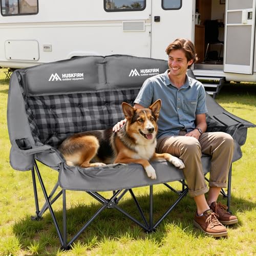 Huskfirm Grey Padded Double Camping Chair with High Back & Cooler, 2 Person