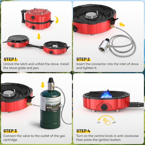 Red Foldable 2-Burner Propane Camping Stove with Piezo Ignition, Adjustable Burners & Carry Bag