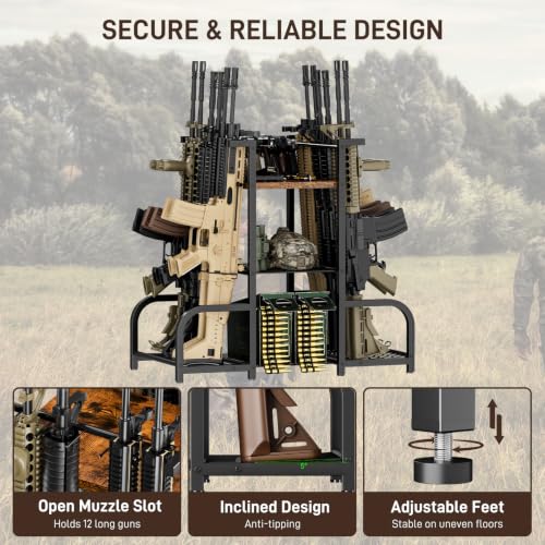 Double-Sided 12-Gun Heavy Duty Metal Gun Rack Floor Stand - Vertical Rifle & Shotgun Storage, Black, Style 02