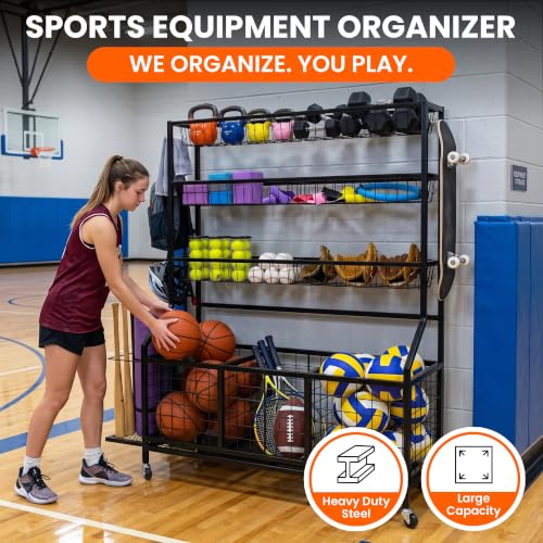 Garage Ball Storage Rack with Casters - Sports Equipment Organizer