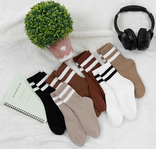 BomKinta Women's Striped Crew Socks 6 Pairs - Retro Above Ankle Cotton Socks, Size 5-10