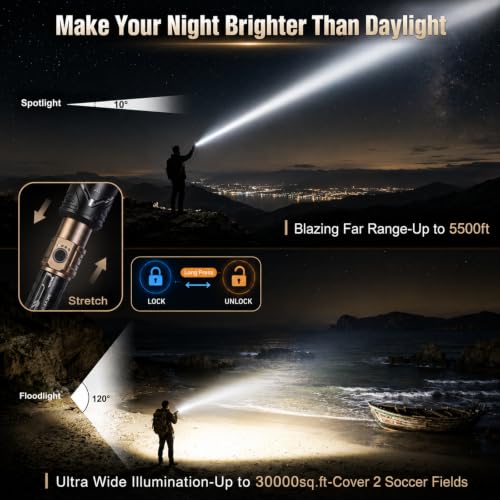 SKYFIRE Rechargeable Tactical Flashlight with 3 Lens Set, 5000 Lumens, Zoom, 6 Modes, Waterproof, Outdoor & Emergency Light