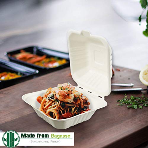 Green Earth Compostable 6-Inch Clamshell Food Box - 500 Pack, Bagasse Food Container with Variation 1-Compartment