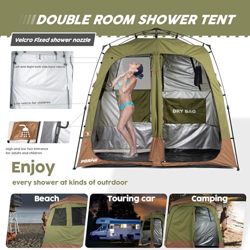 Porayhut Avocado Green Portable Camping Shower Tent with Dual Rooms & Floor Drain