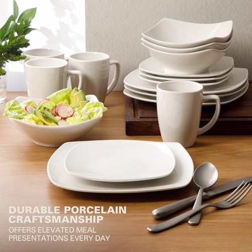 Gibson Home Zen Buffet White Porcelain Dinnerware Set for 4 - 16 Pieces, Square Plates Bowls & Mugs, Chip & Scratch Resistant, Dishwasher & Microwave Safe
