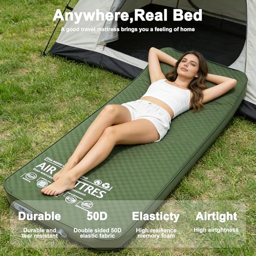 BreezCamp Green Self-Inflating Memory Foam Sleeping Pad with Electric Pump, 4-Inch Thick, All-Season Camping Mattress