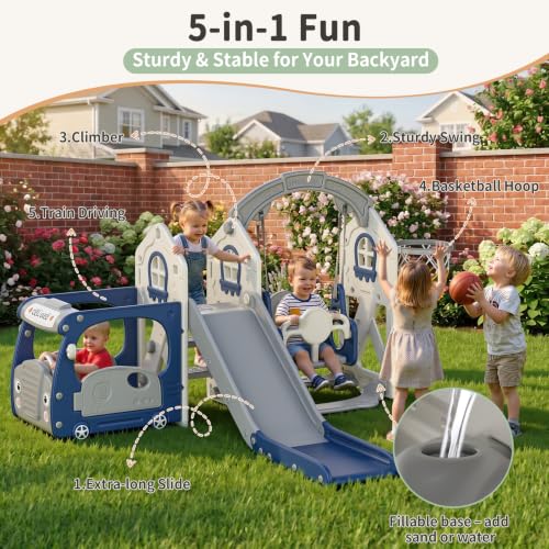 BIERUM 5-in-1 Bus Toddler Playground Set Blue & Gray for Kids 1-3