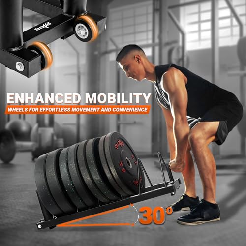 Yes4All Horizontal Weight Plate Rack with 6 Pegs & 4 Barbell Holders – Wall-Mounted Storage