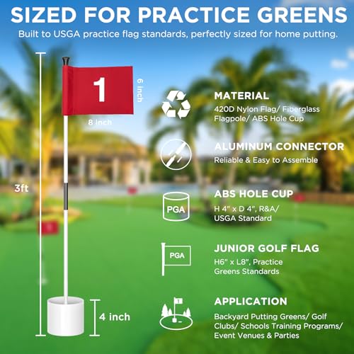 KINGTOP 3 ft Golf Flagstick & Hole Cup Set with Mini Flags - White Pole & Red Flag, 3-Pack