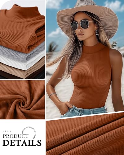 Women's Sleeveless Turtleneck Tops - 3 Pack Medium Black Dark Brown Pumpkin