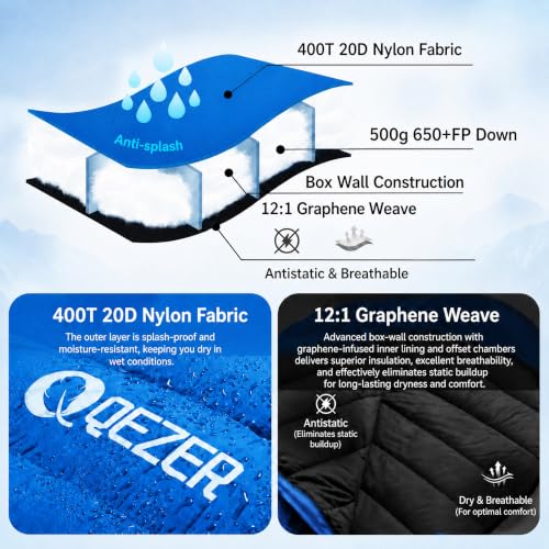 0 Degree Down Sleeping Bag for Adults - Blue-Black, 1.1 lb Down Fill, Ultralight 3-Season Camping Gear