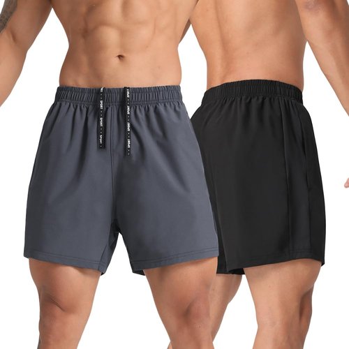 MAXCK 2 Pack Mens Lightweight Athletic Running Shorts 5'' Quick Dry Gym Workout Shorts with Zipper Pockets Black/Dark Grey,Large