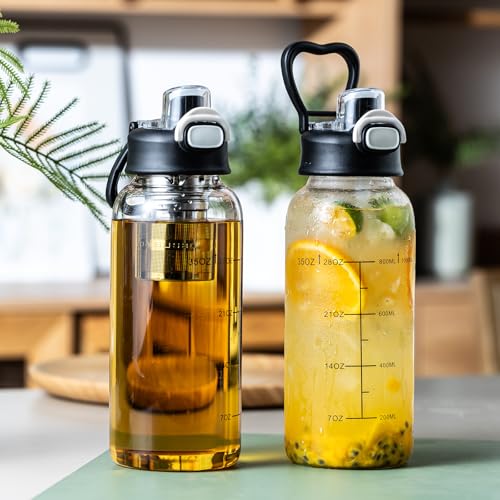 35oz Glass Water Bottle with Time Marker, Straw & Tea Infuser - BPA-Free & Leakproof, Includes Protective Sleeve - 1PCS