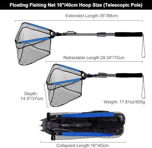 PLUSINNO 35-Inch Extendable Floating Fish Landing Net with Handle and Tools