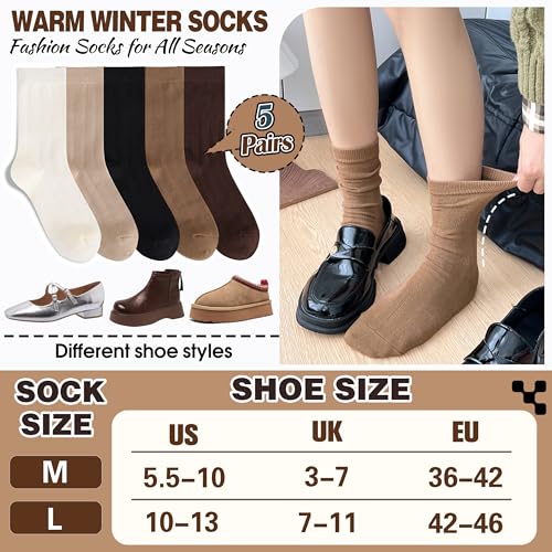 MOGGEI Wool Boot Socks - Medium, Khaki / Coffee / Beige / Black - 5 Pairs Winter Warm Cozy Breathable Casual Work Socks for Women