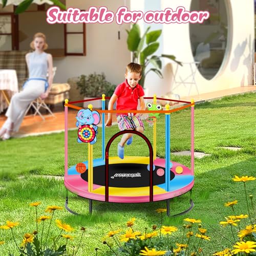 LASTJUMPER Mini Toddler Trampoline 2-10 Years with Safety Enclosure & Basketball, Blue+Yellow+Pink