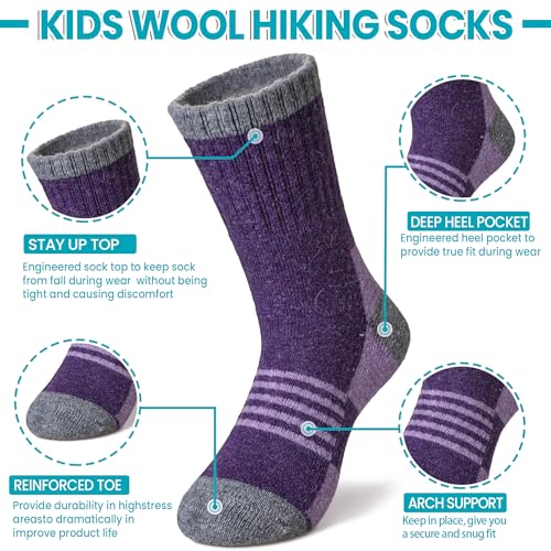 Toddler Kids Merino Wool Hiking Socks 6 Pairs Winter Warm Thermal Crew Socks - Grey, Blue, Purple 13-15 Years