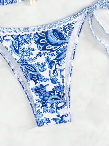 Women's Boho Floral Print Bikini Set - Medium Blue & White Halter Triangle Swimsuit