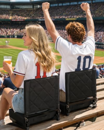 LWWTBS Stadium Seat with Back Support - Black, 2 Pack, Foldable Bleacher Chair with Cushion & Organizer