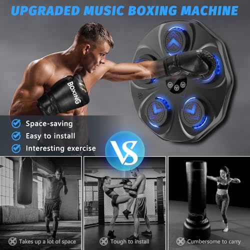 Black TGLLM Music Boxing Machine with Gloves, Wall-Mounted Interactive Punching Trainer for Adults & Kids, 9 Modes & Bluetooth