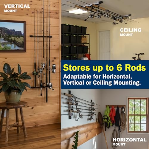 6-Rod Wall Mount Fishing Pole Holder for Garage Organization