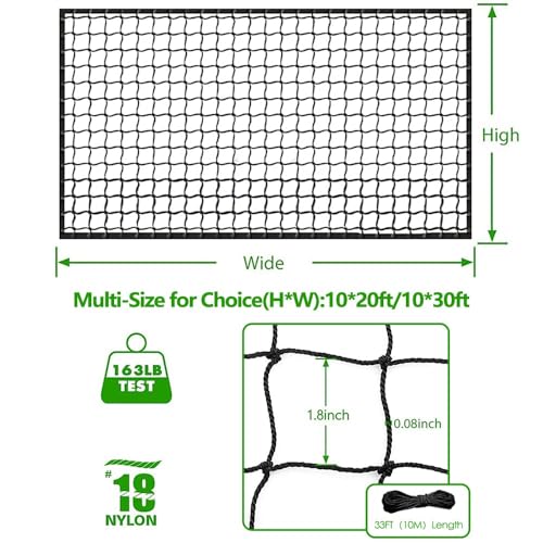 Wiseek 10x40ft Heavy Duty Baseball Softball Backstop Net Barrier & Sports Netting