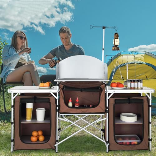 Camping Kitchen Table with Storage & Windscreen - Brown & 3 Cupboards