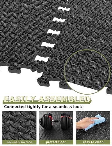innhom 12 Black Interlocking Gym Floor Tiles - 48 Sq. Ft. Exercise Mats
