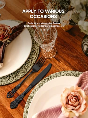 Stapava Retro Royal Black Silverware Set for 8 with Steak Knives - 48 pcs, Dishwasher Safe