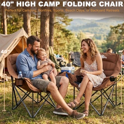 Brown Oversized Heavy Duty Camping Chair for Adults Folding Lawn Seat - 500 lbs Support