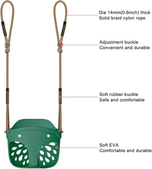 Dolibest Heavy Duty Toddler Swing Seat - Cute Elephant Design with Locking Carabiners | 600LB Weight Limit, Green