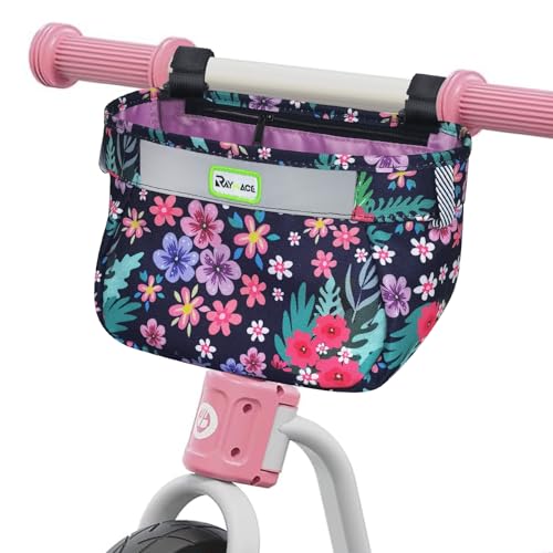 Kids Bike Basket Front Waterproof Handlebar Bag for Girls and Boys - Purple Flower Variation