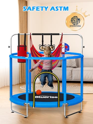 Blue 6-in-1 60-Inch Indoor & Outdoor Kids Trampoline with Enclosure, Safety Net & Accessories