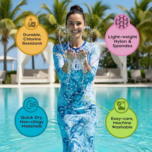Shira Modest Swimsuit for Women - Blue Leaves Print Swim Dress with UPF 50+ - Large