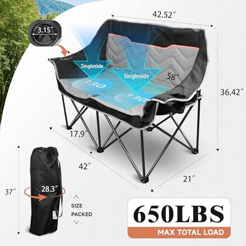 VAGANTH Oversized 2-Person Padded Camping Chair Black - Foldable & Stable