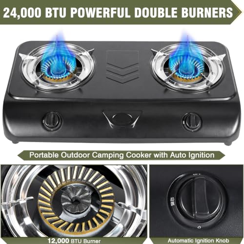 Bestfire Portable Propane Camp Stove with Dual 12,000 BTU Burners, Auto Ignition, Rust-Resistant Steel